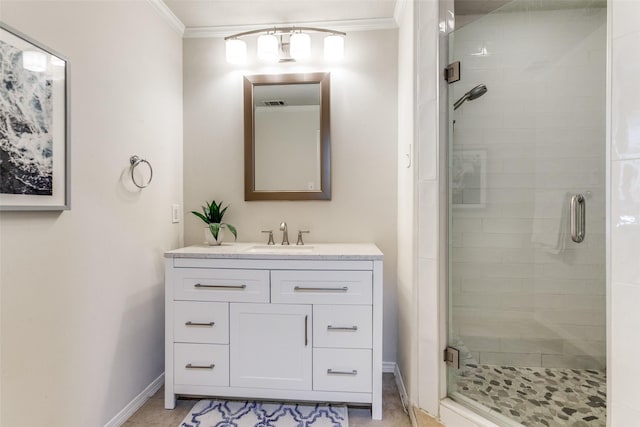 7403 Authon Dr, Dallas, TX 75248 - full bathroom with crown molding, a stall shower, baseboards, and vanity