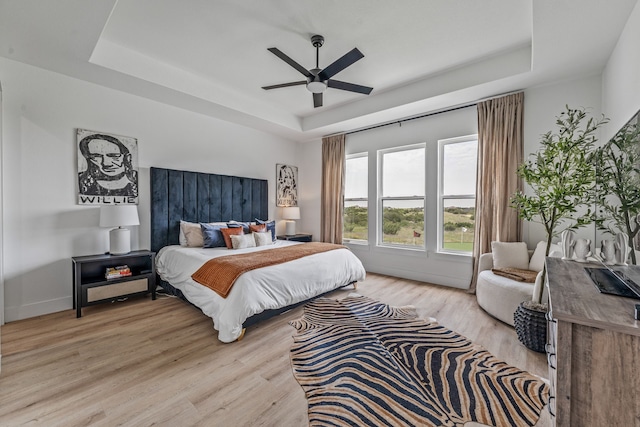 5219 Old Dennis Rd, Weatherford, TX 76087 - bedroom featuring a raised ceiling, light wood-type flooring, ceiling fan, and baseboards