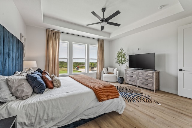 5219 Old Dennis Rd, Weatherford, TX 76087 - bedroom with a raised ceiling, light wood-style floors, and ceiling fan