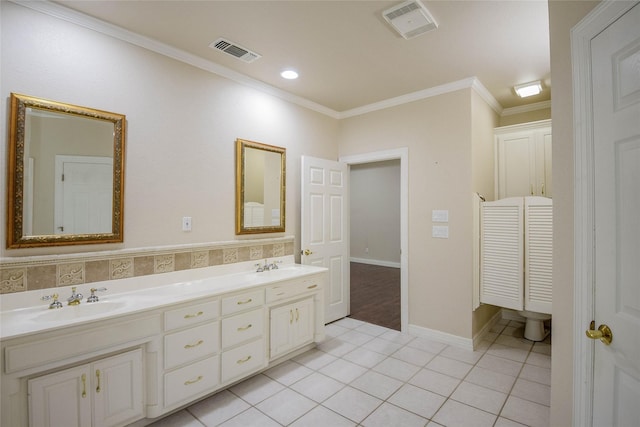 7712 Ravenswood Rd, Granbury, TX 76049 - full bathroom featuring crown molding, tile patterned floors, double vanity, and baseboards