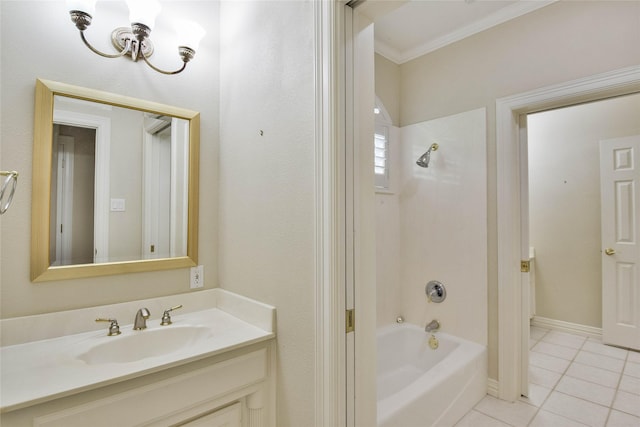 7712 Ravenswood Rd, Granbury, TX 76049 - full bath featuring shower / tub combination, tile patterned flooring, ornamental molding, vanity, and a chandelier