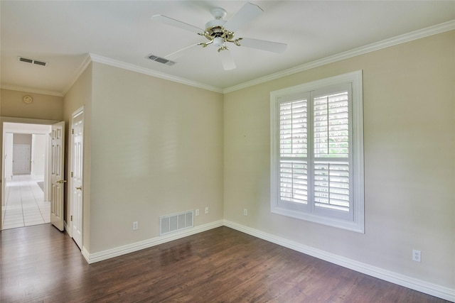 7712 Ravenswood Rd, Granbury, TX 76049 - empty room featuring dark wood-style flooring, ceiling fan, baseboards, and ornamental molding