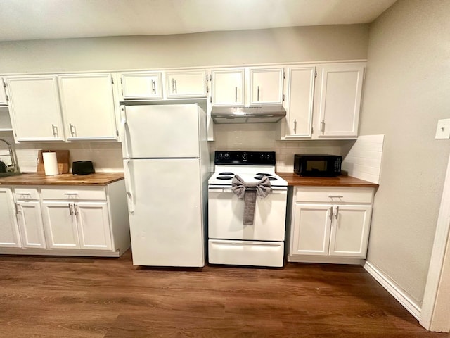 kitchen featuring white appliances, wood counters, under cabinet range hood, and backsplash