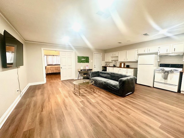 living room with light wood finished floors and baseboards