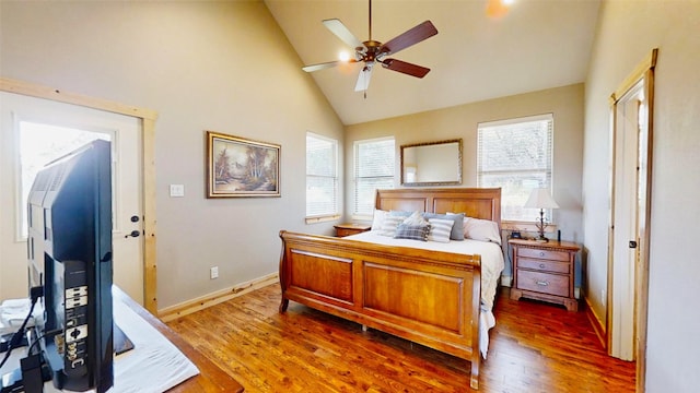2807 Wind Point Ct, Tolar, TX 76476 - bedroom with wood finished floors, high vaulted ceiling, baseboards, and a ceiling fan