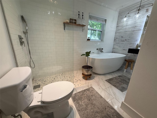 522 W 7th St, Weatherford, TX 76086 - bathroom with toilet, crown molding, a tile shower, a freestanding bath, and marble look tiles