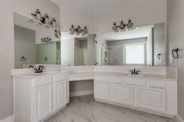 318 Mesquite Ct, Murphy, TX 75094 - full bath featuring marble look tile flooring, vanity, and a shower