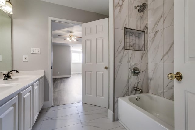 318 Mesquite Ct, Murphy, TX 75094 - bathroom with double vanity, shower / tub combination, ceiling fan, marble finish floors, and baseboards