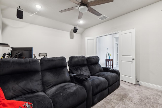 5909 Horsetail Dr, Mckinney, TX 75071 - cinema featuring carpet flooring, a ceiling fan, vaulted ceiling, and baseboards