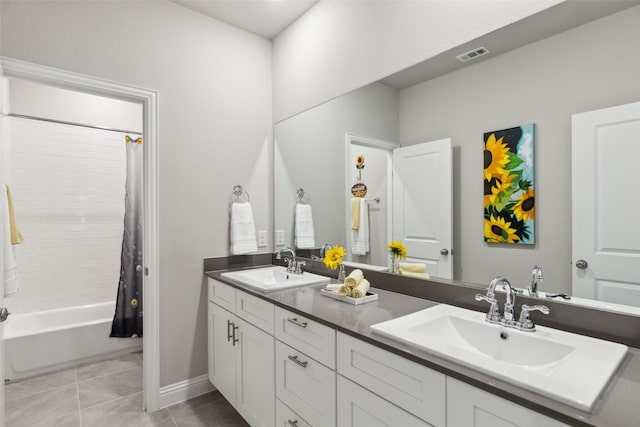 5909 Horsetail Dr, Mckinney, TX 75071 - full bathroom with double vanity, tile patterned floors, shower / bathtub combination with curtain, and baseboards