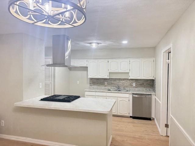 4916 Tracy Dr, Haltom City, TX 76117 - kitchen with dishwasher, black gas cooktop, island exhaust hood, light wood-type flooring, and a sink