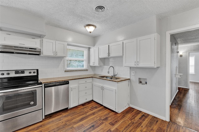 4208 Huckleberry Cir, Dallas, TX 75216 - kitchen with stainless steel appliances, a sink, a textured ceiling, plenty of natural light, and white cabinetry