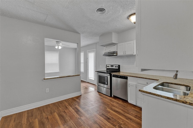 4208 Huckleberry Cir, Dallas, TX 75216 - kitchen featuring appliances with stainless steel finishes, a sink, under cabinet range hood, backsplash, and a textured ceiling