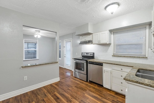 4208 Huckleberry Cir, Dallas, TX 75216 - kitchen featuring appliances with stainless steel finishes, under cabinet range hood, white cabinets, dark wood-style floors, and tasteful backsplash