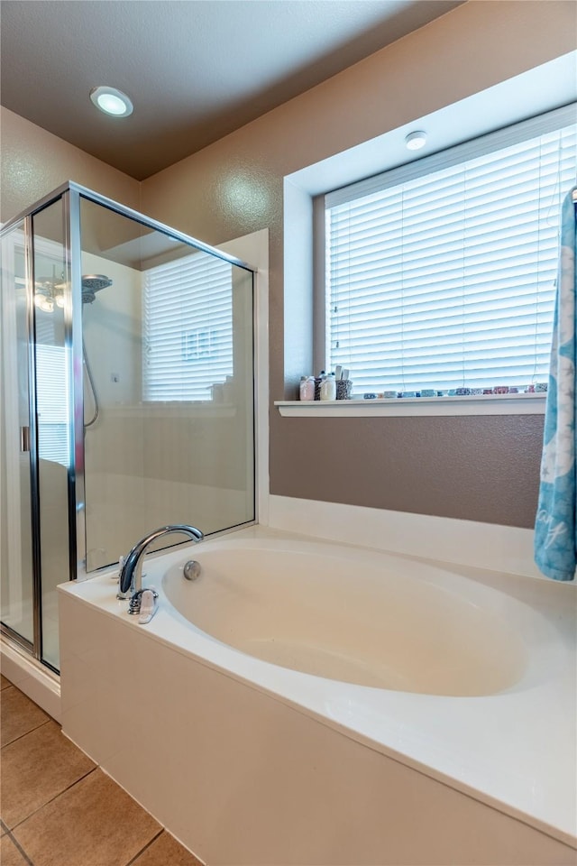 6500 Fannin Farm Way, Arlington, TX 76001 - bathroom featuring tile patterned flooring, a stall shower, a garden tub, and recessed lighting
