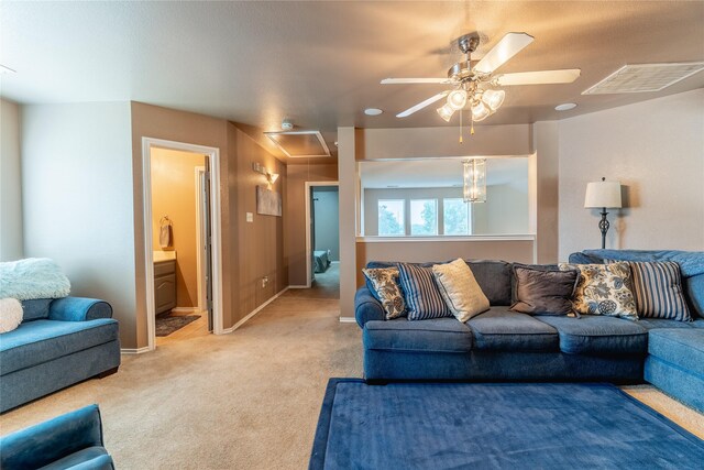 6500 Fannin Farm Way, Arlington, TX 76001 - living room with attic access, light carpet, ceiling fan, and baseboards