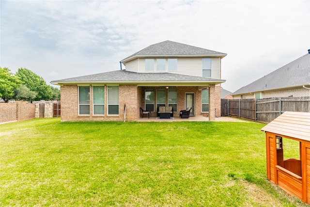 6500 Fannin Farm Way, Arlington, TX 76001 - rear view of property featuring an outdoor hangout area, a patio area, roof with shingles, and brick siding