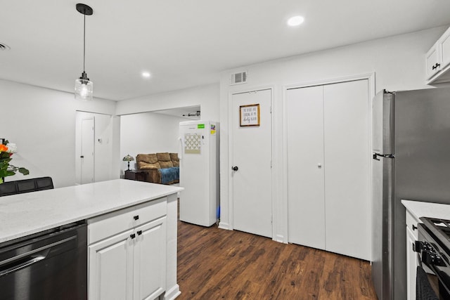 1807 W Belden St, Sherman, TX 75092 - kitchen with freestanding refrigerator, dishwashing machine, range with gas stovetop, dark wood finished floors, and white cabinets