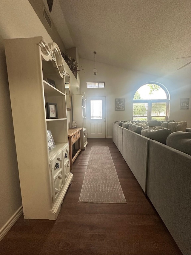 7568 Casburn Ct, Fort Worth, TX 76120 - living area featuring a textured ceiling, vaulted ceiling, and dark wood finished floors