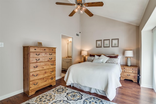 4559 N O Connor Rd Unit 2289, Irving, TX 75062 - bedroom with dark wood-style flooring, baseboards, ensuite bathroom, crown molding, and high vaulted ceiling