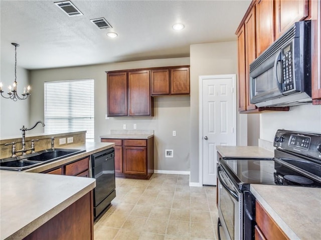 1341 Bristol Ln, Providence Village, TX 76227 - kitchen featuring black appliances, a sink, a chandelier, decorative light fixtures, and brown cabinets