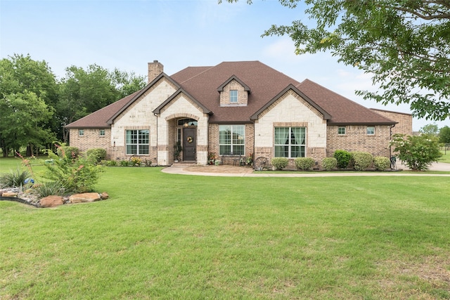641 Hidden Pass, Royse City, TX 75189 - french provincial home with a chimney, a front lawn, a shingled roof, and stone siding