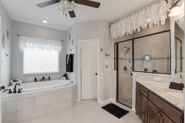 641 Hidden Pass, Royse City, TX 75189 - bathroom with a shower stall, a bath, vanity, and ceiling fan