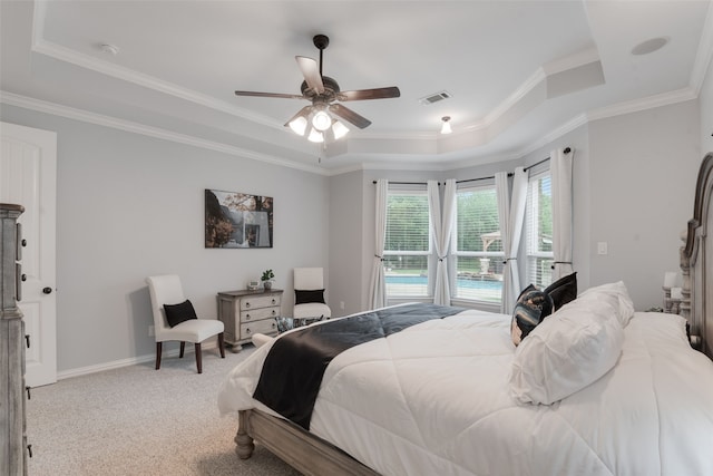 641 Hidden Pass, Royse City, TX 75189 - bedroom featuring a tray ceiling, light colored carpet, ornamental molding, a ceiling fan, and baseboards