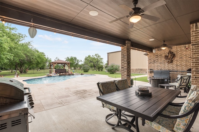 641 Hidden Pass, Royse City, TX 75189 - view of patio with a gazebo, ceiling fan, an outdoor pool, outdoor dining area, and grilling area