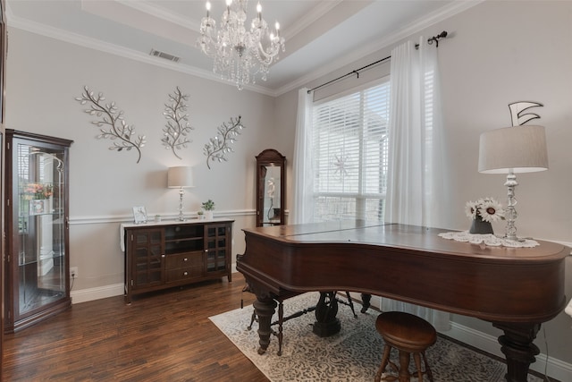 641 Hidden Pass, Royse City, TX 75189 - office area with wood finished floors, crown molding, a raised ceiling, a chandelier, and baseboards