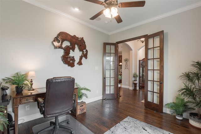 641 Hidden Pass, Royse City, TX 75189 - office with french doors, arched walkways, wood finished floors, baseboards, and crown molding
