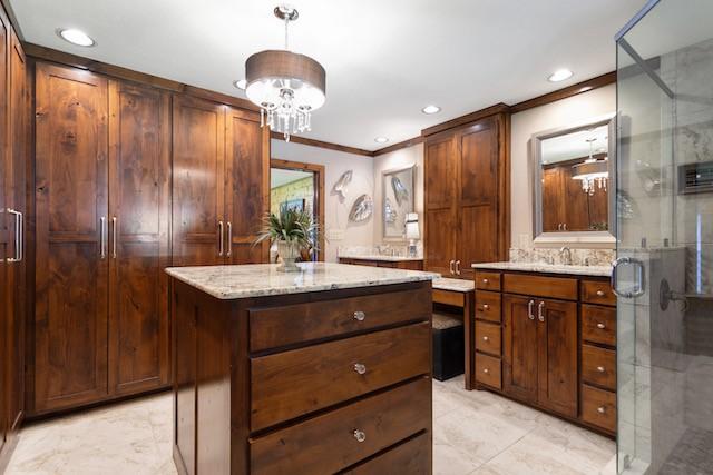 16887 Rainbow Ridge Cir, Tyler, TX 75707 - bathroom featuring ornamental molding, a shower stall, recessed lighting, and vanity