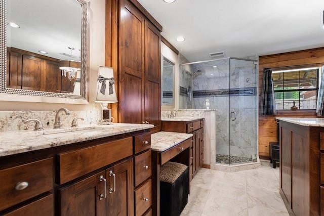 16887 Rainbow Ridge Cir, Tyler, TX 75707 - bathroom featuring marble finish flooring, a stall shower, vanity, and recessed lighting
