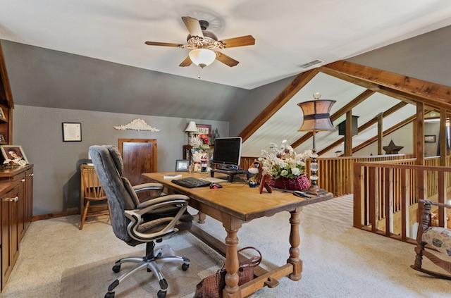 16887 Rainbow Ridge Cir, Tyler, TX 75707 - office featuring a ceiling fan, light colored carpet, and lofted ceiling