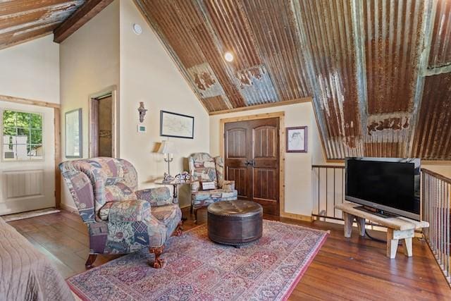 16887 Rainbow Ridge Cir, Tyler, TX 75707 - living room with wood finished floors, high vaulted ceiling, wood ceiling, and baseboards