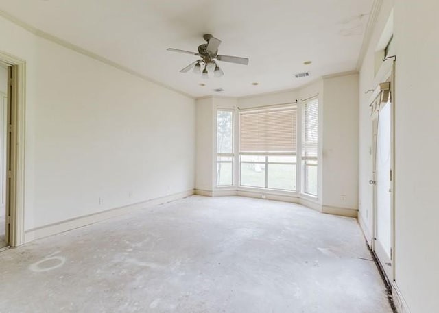 215 Harvest Rdg, Mclendon Chisholm, TX 75032 - spare room with unfinished concrete flooring, ceiling fan, crown molding, and baseboards