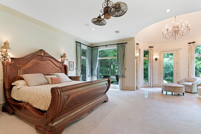 2306 Autumn Run Ct, Cedar Hill, TX 75104 - bedroom with a chandelier, access to exterior, ornamental molding, multiple windows, and recessed lighting