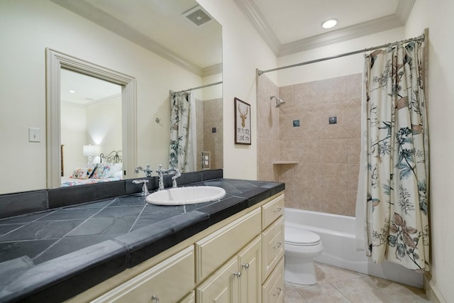 2306 Autumn Run Ct, Cedar Hill, TX 75104 - bathroom with ornamental molding, vanity, toilet, shower / bathtub combination with curtain, and tile patterned flooring