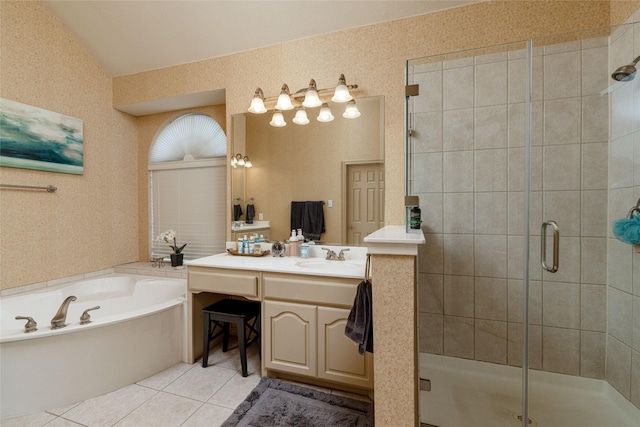 3404 Brookshire Run, Corinth, TX 76210 - full bathroom with tile patterned floors, a shower stall, a bath, and vanity