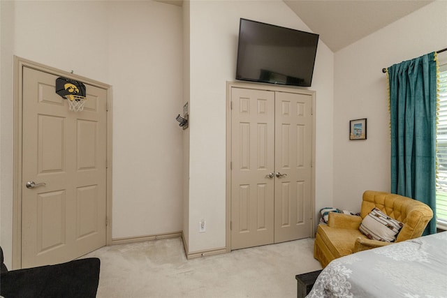 3404 Brookshire Run, Corinth, TX 76210 - bedroom featuring light colored carpet, lofted ceiling, and a closet