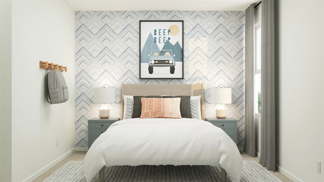 7730 Reese St, Dallas, TX 75114 - bedroom with baseboards, an accent wall, and light colored carpet