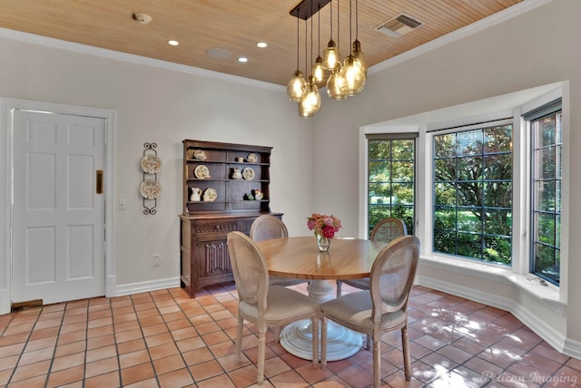 6706 Querbes Dr, Shreveport, LA 71106 - dining room featuring a chandelier, crown molding, light tile patterned floors, baseboards, and wood ceiling