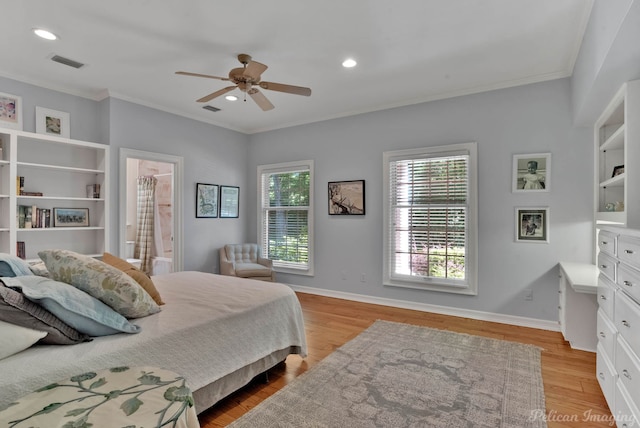 6706 Querbes Dr, Shreveport, LA 71106 - bedroom with crown molding, light wood-type flooring, recessed lighting, baseboards, and ceiling fan