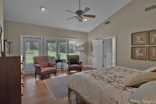 6706 Querbes Dr, Shreveport, LA 71106 - bedroom featuring wood finished floors, crown molding, high vaulted ceiling, and a ceiling fan
