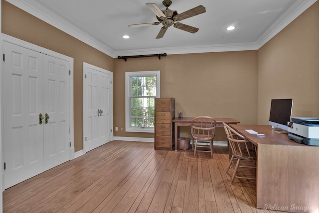 6706 Querbes Dr, Shreveport, LA 71106 - office space featuring light wood-style floors, crown molding, a ceiling fan, baseboards, and recessed lighting