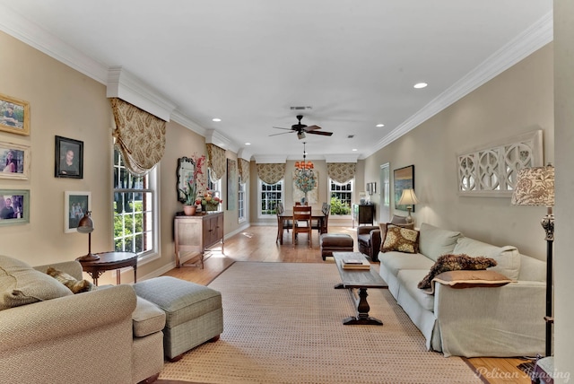 6706 Querbes Dr, Shreveport, LA 71106 - living room featuring wood finished floors, recessed lighting, a ceiling fan, crown molding, and baseboards