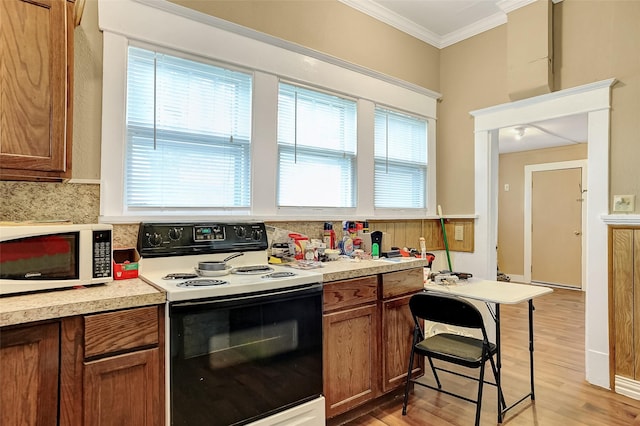 225 N Binkley St, Sherman, TX 75092 - kitchen with electric range oven, white microwave, ornamental molding, light wood-type flooring, and light countertops