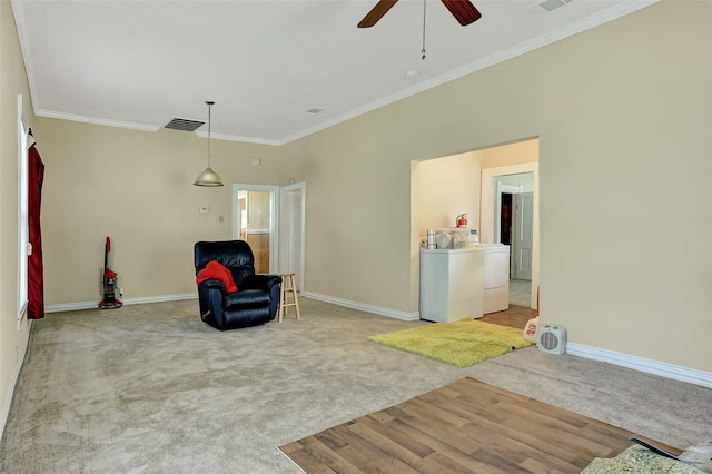 225 N Binkley St, Sherman, TX 75092 - living area featuring a ceiling fan, crown molding, baseboards, carpet floors, and independent washer and dryer