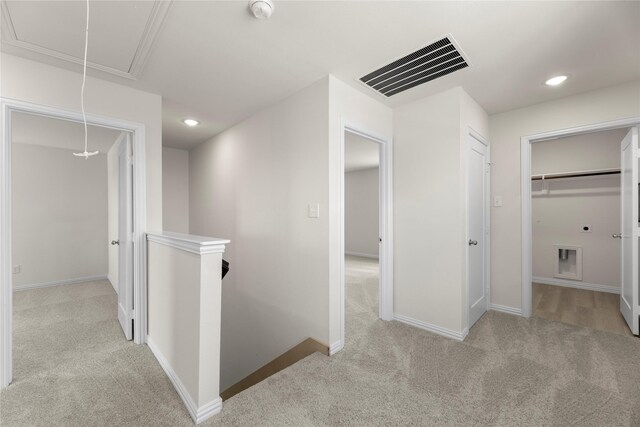 120 Doma Ave, Greenville, TX 75402 - hallway with attic access, an upstairs landing, carpet flooring, and recessed lighting