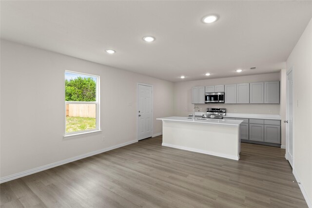 120 Doma Ave, Greenville, TX 75402 - kitchen featuring stainless steel appliances, gray cabinetry, light wood-type flooring, recessed lighting, and light stone countertops
